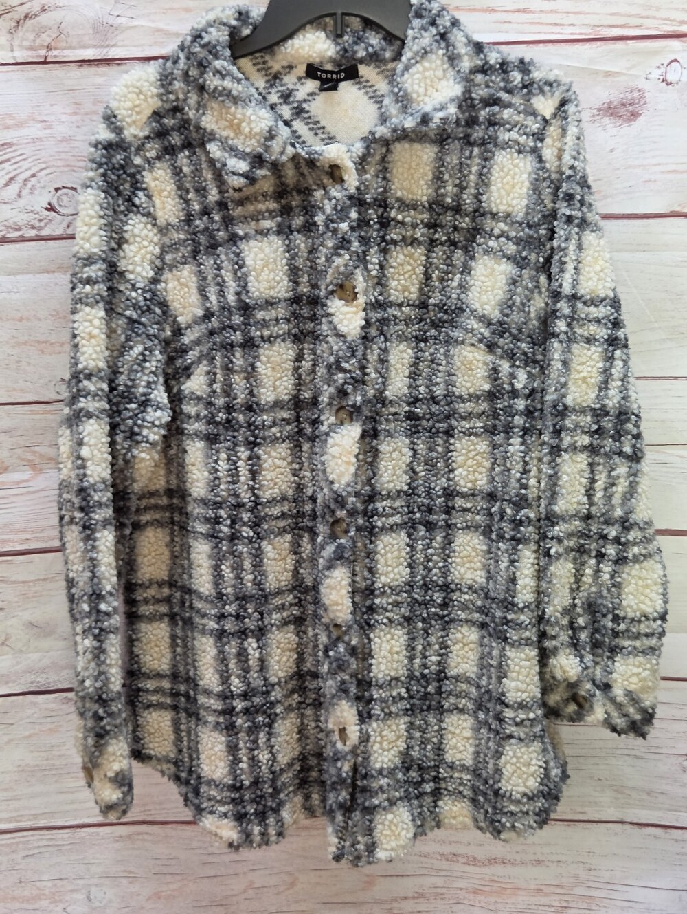 torrid Cream and Gray Plaid Sherpa Button-Up Jacket Size 1